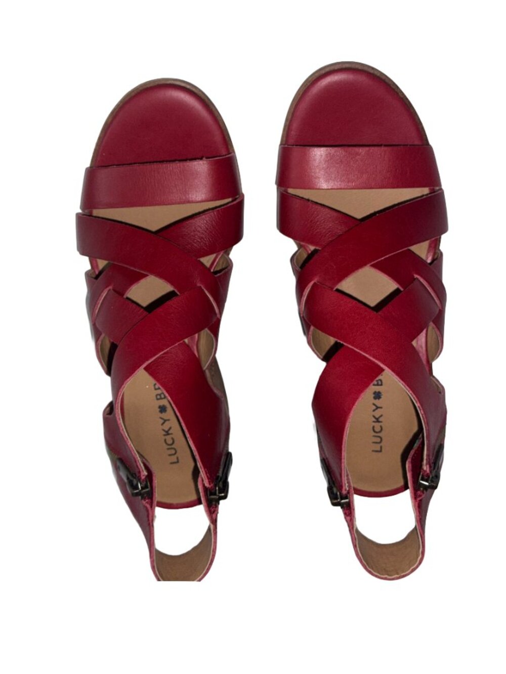 LUCKY BRAND Rich Garnet Red Leather Strappy Sandals Block Heel Size US 5M /EU 35 - Picture 5 of 15